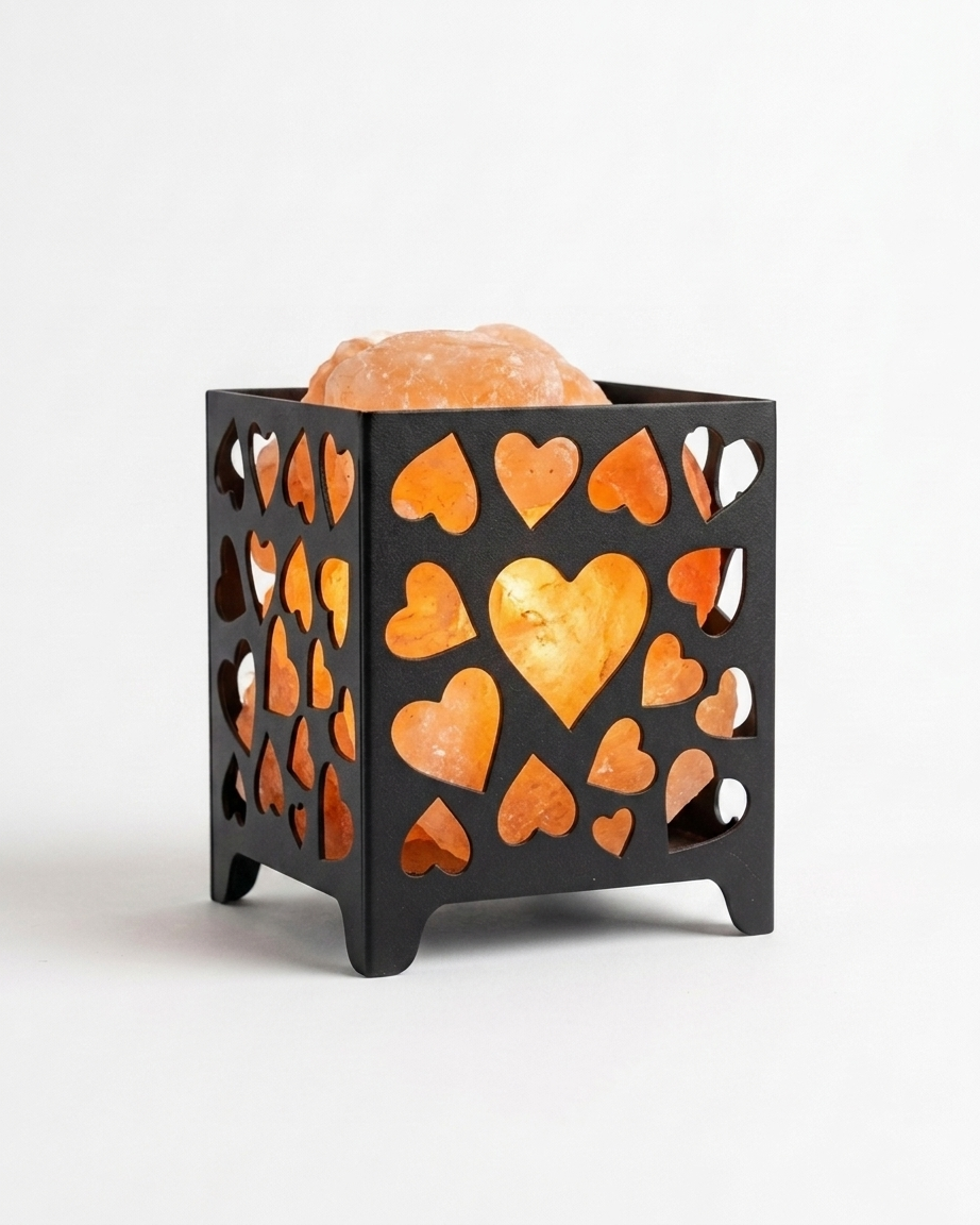 Himalayan Pink Salt Laser Cut Basket Lamp - Sweet Hearts Design