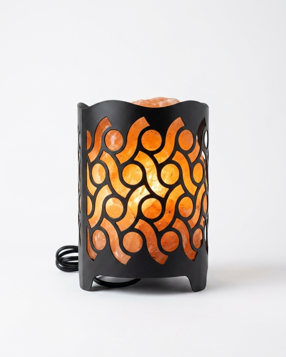 Himalayan Pink Salt Laser Cut Basket Lamp - Geometric Swirl Wave