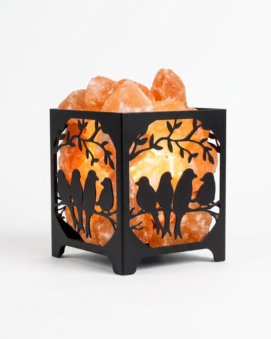 Himalayan Pink Salt Laser Cut Basket Lamp - Birds on Branch Design