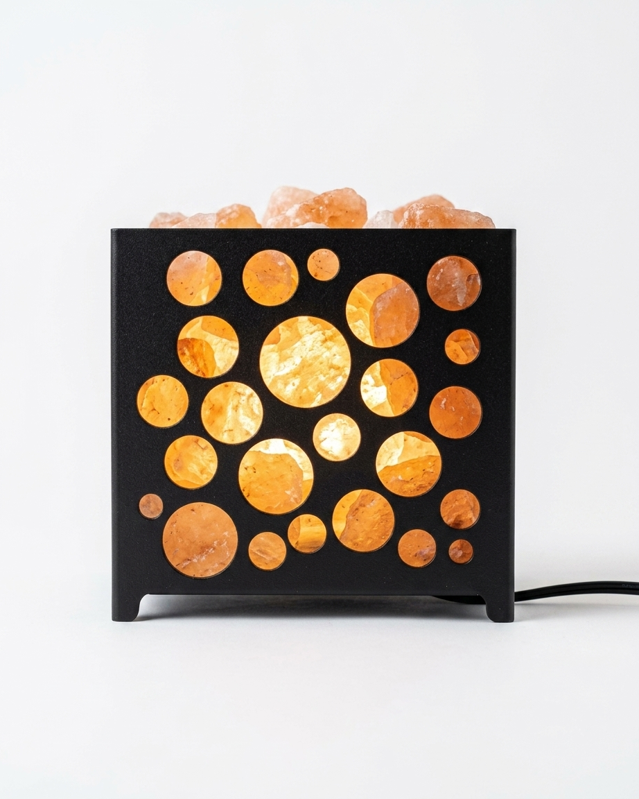 Himalayan Pink Salt Laser Cut Basket Lamp - Bubble Circles Design