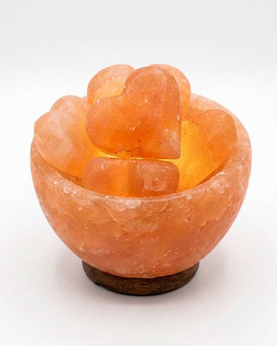 Himalayan Salt Bowl Lamp with Heart Spheres