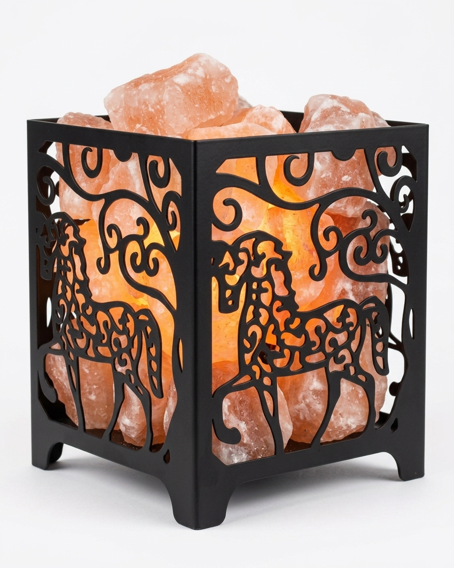 Himalayan Pink Salt Laser Cut Basket Lamp - Majestic Horses Design