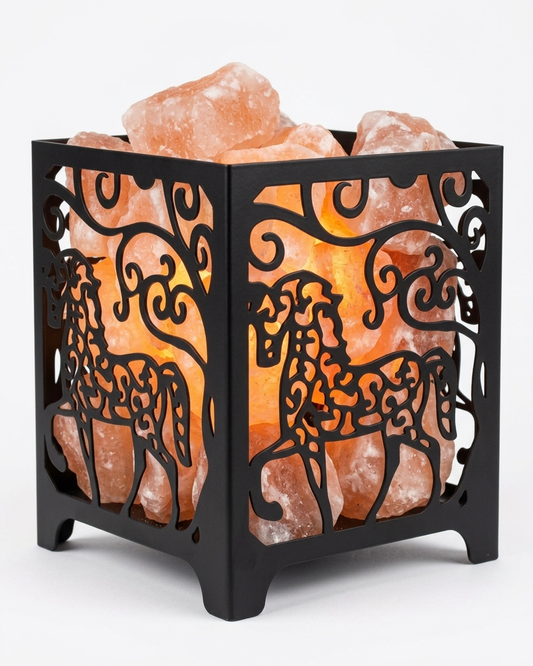 Himalayan Pink Salt Laser Cut Basket Lamp - Majestic Horses Design